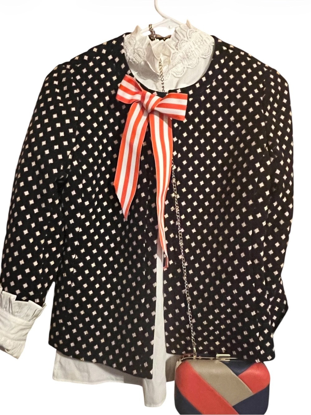 Y2K Kate Spade Favorite Navy White Diamond Pattern blazer  with orange bow